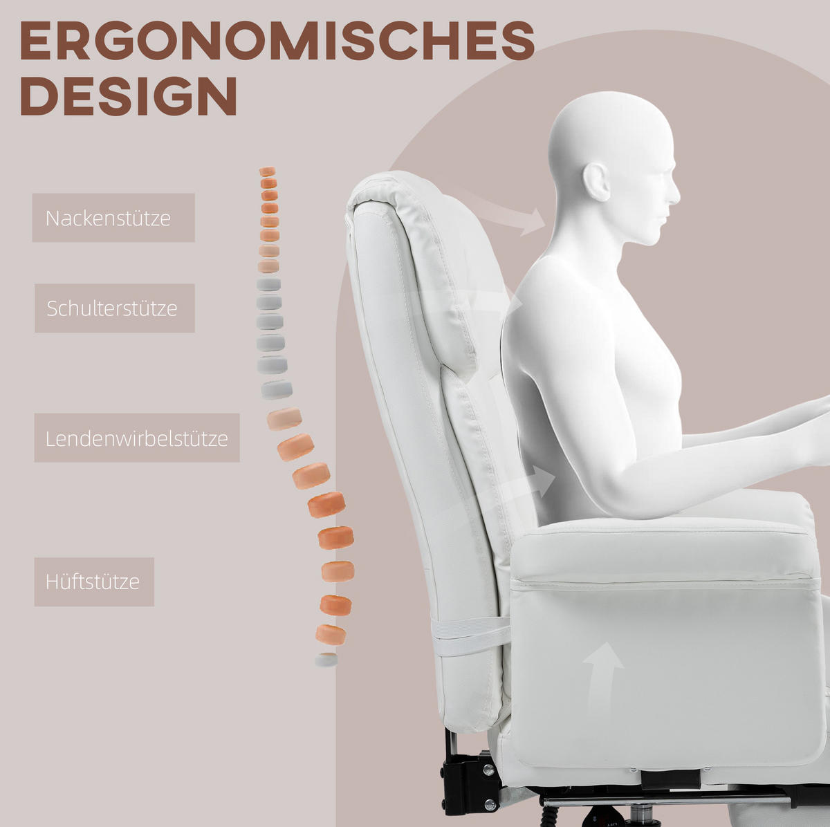 BÜROSTUHL ergonomisch höhenverstellbar Weiß mit Fußstütze - Weiß, Metall (65/115/69cm) - Meubliv