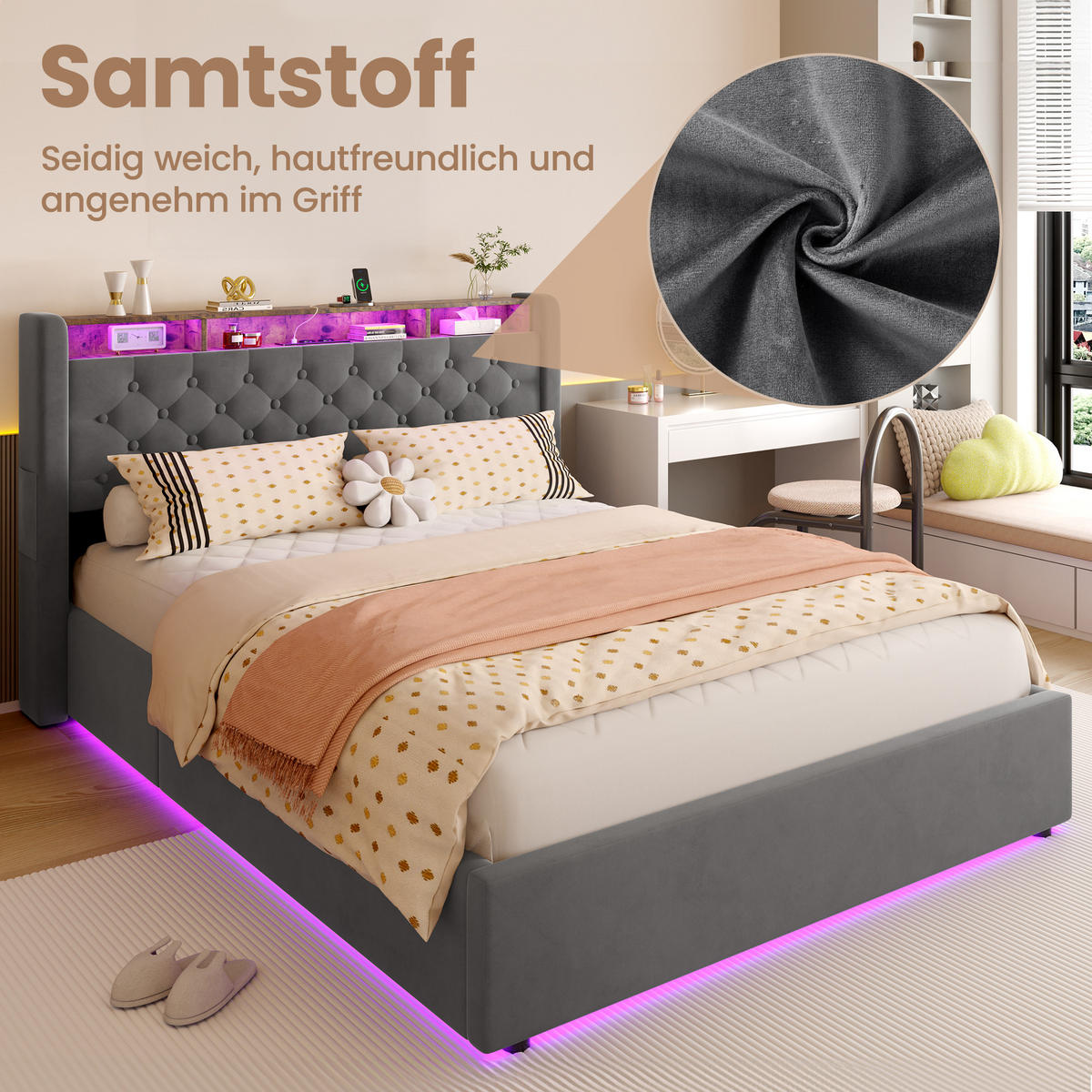 POLSTERBETT 140x200 mit Bettkasten & LED Beleuchtung,mit klappbarem Kopfteil,Grau - Grau, Holzwerkstoff/Textil (140/200cm) - EVRYAE