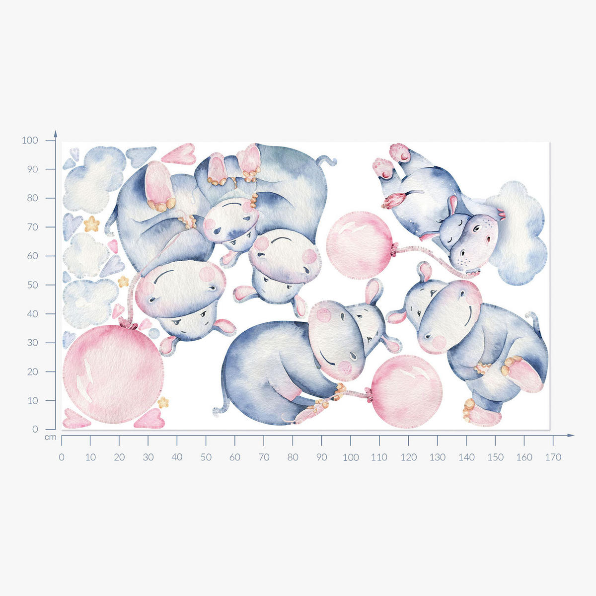 WANDAUFKLEBER 100x169cm - Nilpferdfamilie - Multicolor, Kunststoff (100/169/0.1cm) - Wallfluent