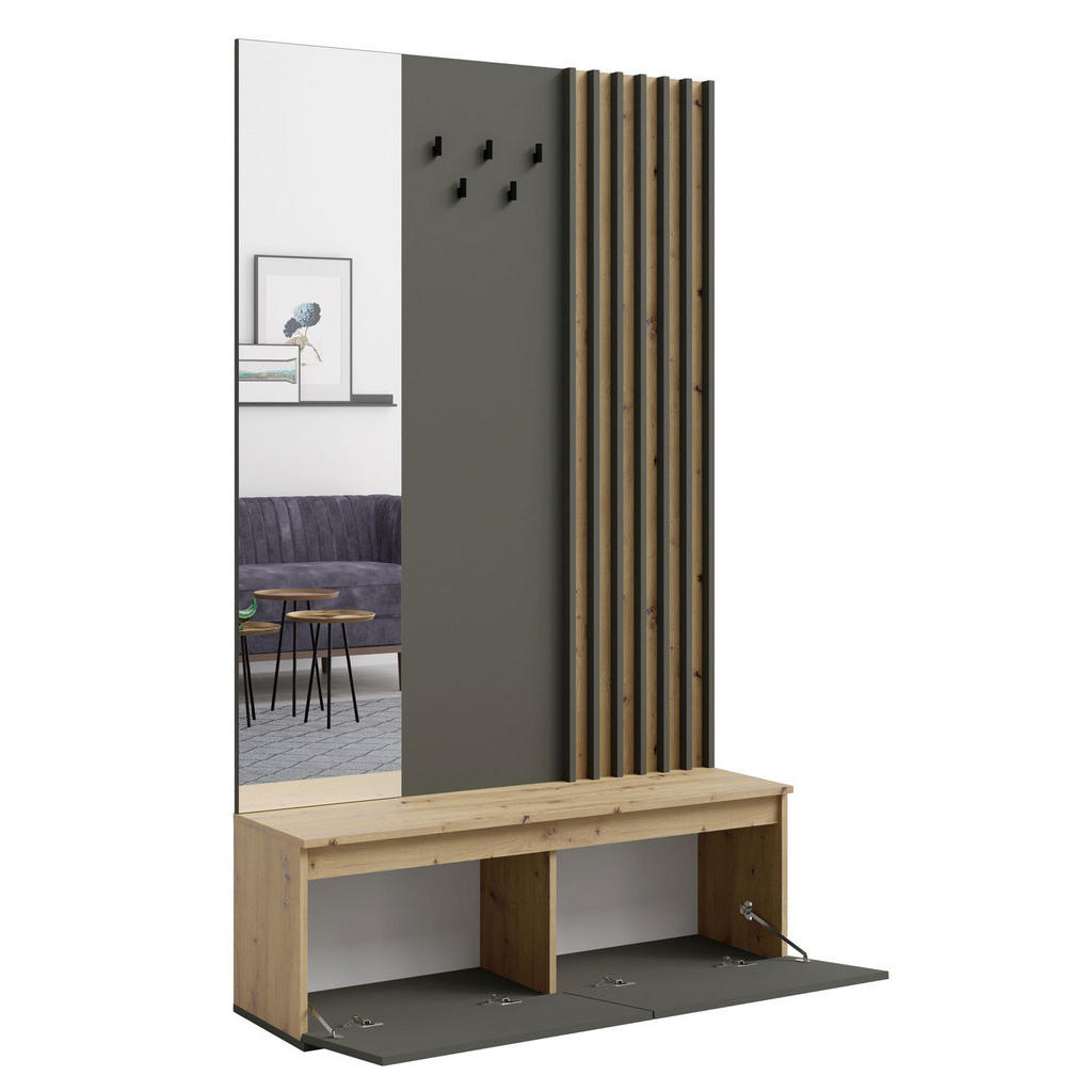 Thumbnail - Feldmann-Wohnen Garderoben-Set, Grau, Holz, 1 Fächer, 4 Schubladen, Rechteckig, 200x202x34 cm, Garderobe, Garderoben-Set...