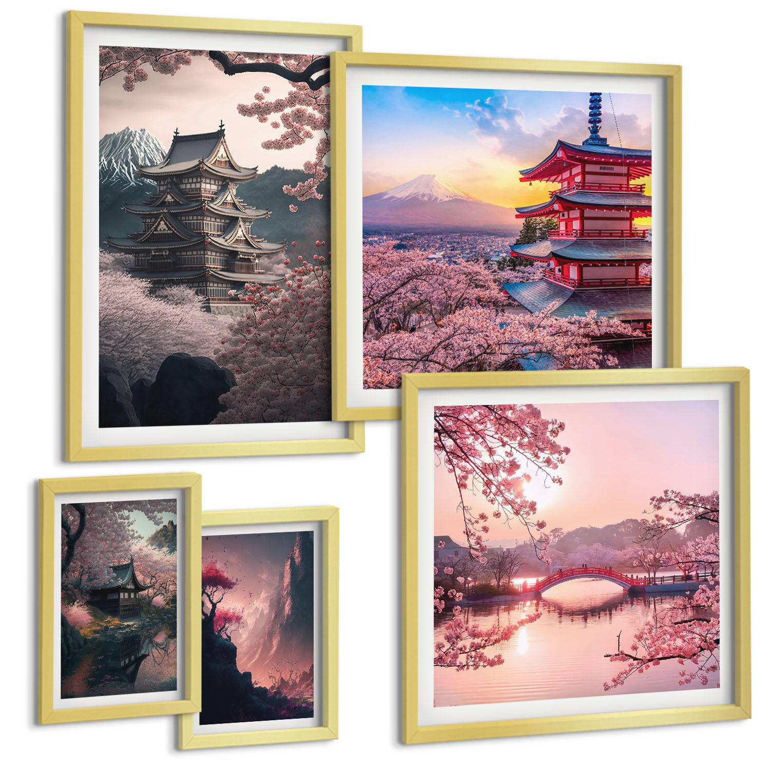BILDER SET 5er Set - 50x50 cm & 20x30 cm & 40x60 cm Goldrahmen - Fantasielandschaften Japans - Goldfarben, Kunststoff (40/60cm) - TULUP
