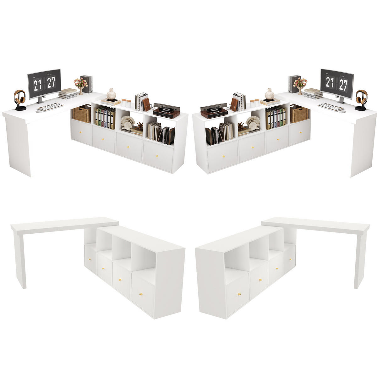 PISAĆI stol od MDF-a 140x35x74 cm bijela s okretnom pločom 360°, 4 pretinca, 4 ladice i zaštitom od prevrtanja - bijela, drvni materijal (140/74/35cm) - Modfu