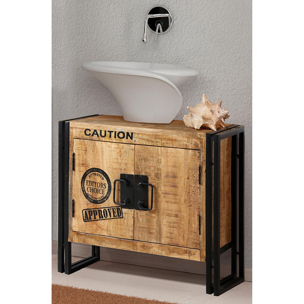 WASCHBECKENUNTERSCHRANK - Mango massiv / Eisen - Schwarz/Braun, Holz/Metall (68/57/30cm) - home24