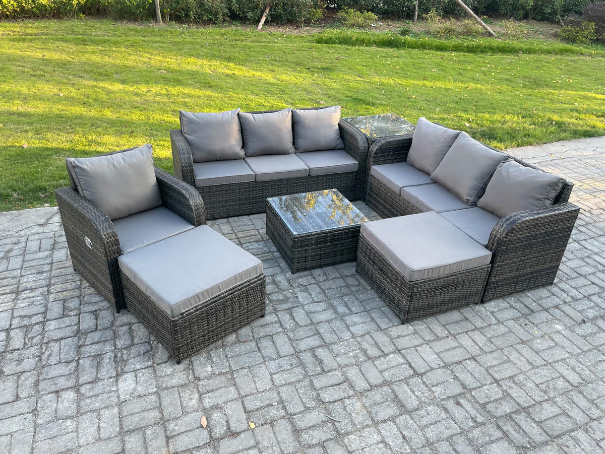 GARTENMÖBEL SET mit 3-SITZER SOFA Polyrattan Dunkelgrau 9-Sitzer - Dunkelgrau/Grau, Glas/Kunststoff - Fimous