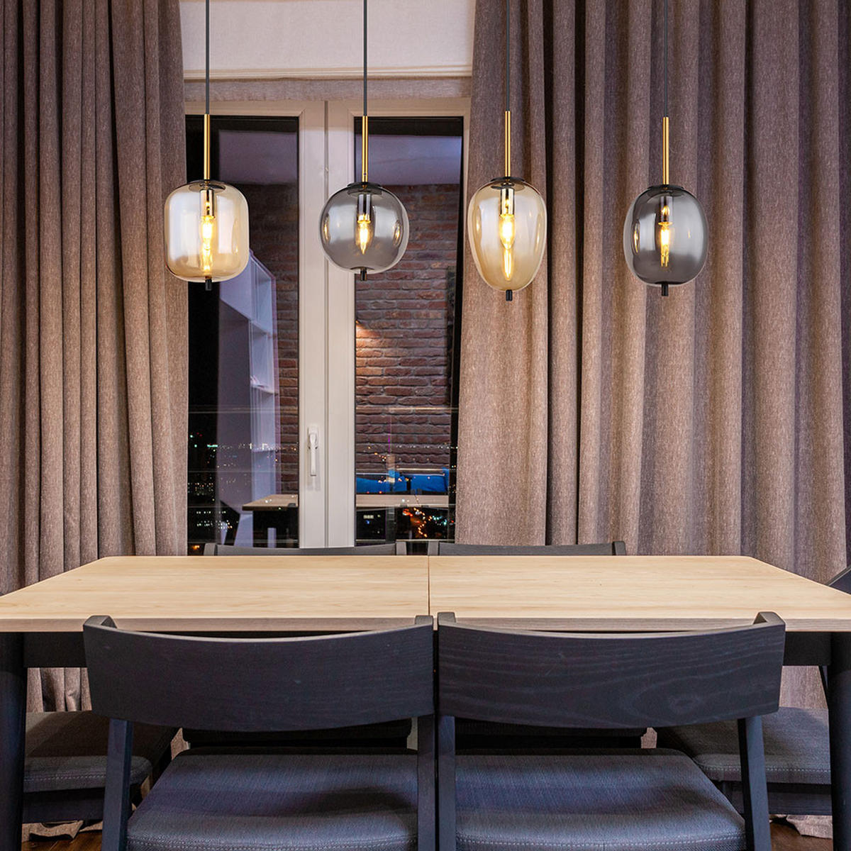 HÄNGELEUCHTE Metall Schwarz Amber-Glas 4-Flammig - Schwarz, Glas (110/18.5/120cm) - Globo Lighting