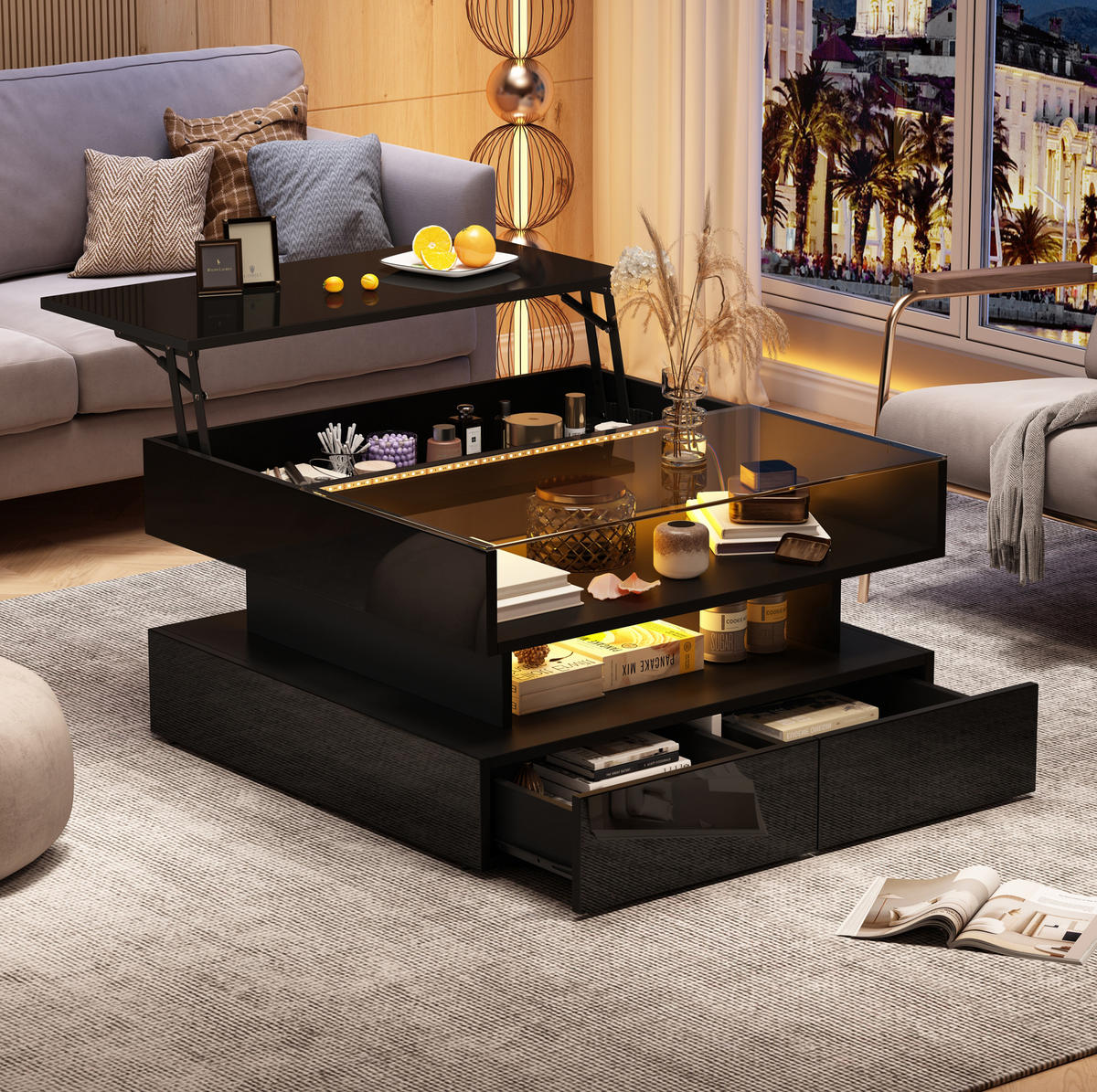 COUCHTISCH 80/80/45 cm höhenverstellbar mit LED-Beleuchtung und Stauraum, Schwarz - Schwarz, Holzwerkstoff (80/80/45cm) - Flora Grace