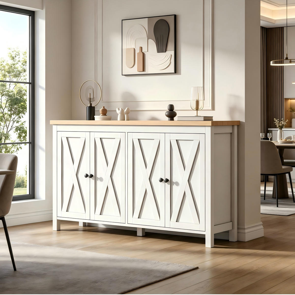 SIDEBOARD mit 4 Türen, 2 Fächern und Rundgriffen aus MDF in Weiß - Weiß, Glas/Holz (140/78/40cm) - EVRYAE