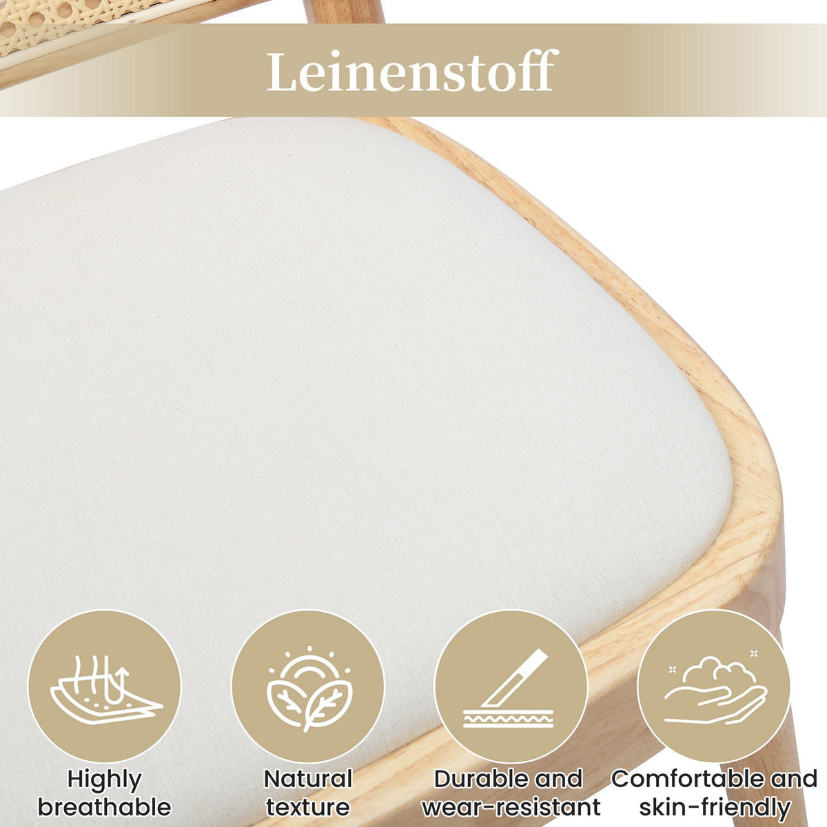 ESSZIMMERSTÜHLE 6er-Set Massivholz Rattan Leinen Holz - Naturfarben, Holz (52/84/45cm) - FLIEKS