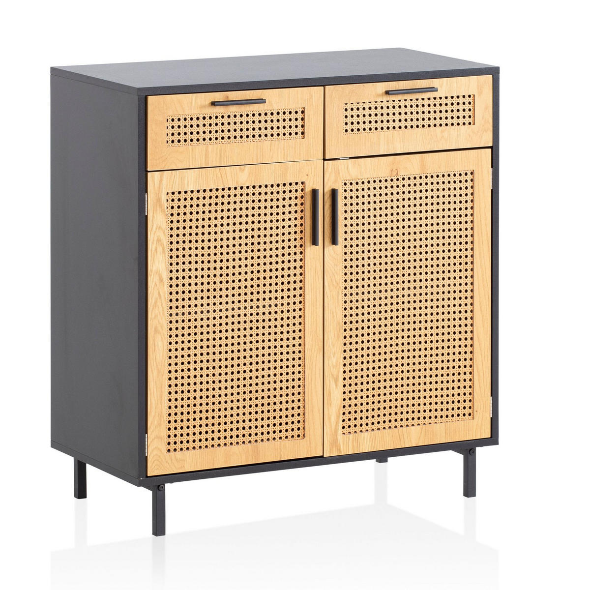 SIDEBOARD – Schwarz, 80x86,5x40 cm, mit Wiener Geflecht, 2 Türen, Schubladen, hoch - Schwarz, Holzwerkstoff/Metall (80/87/40cm) - KADIMA DESIGN