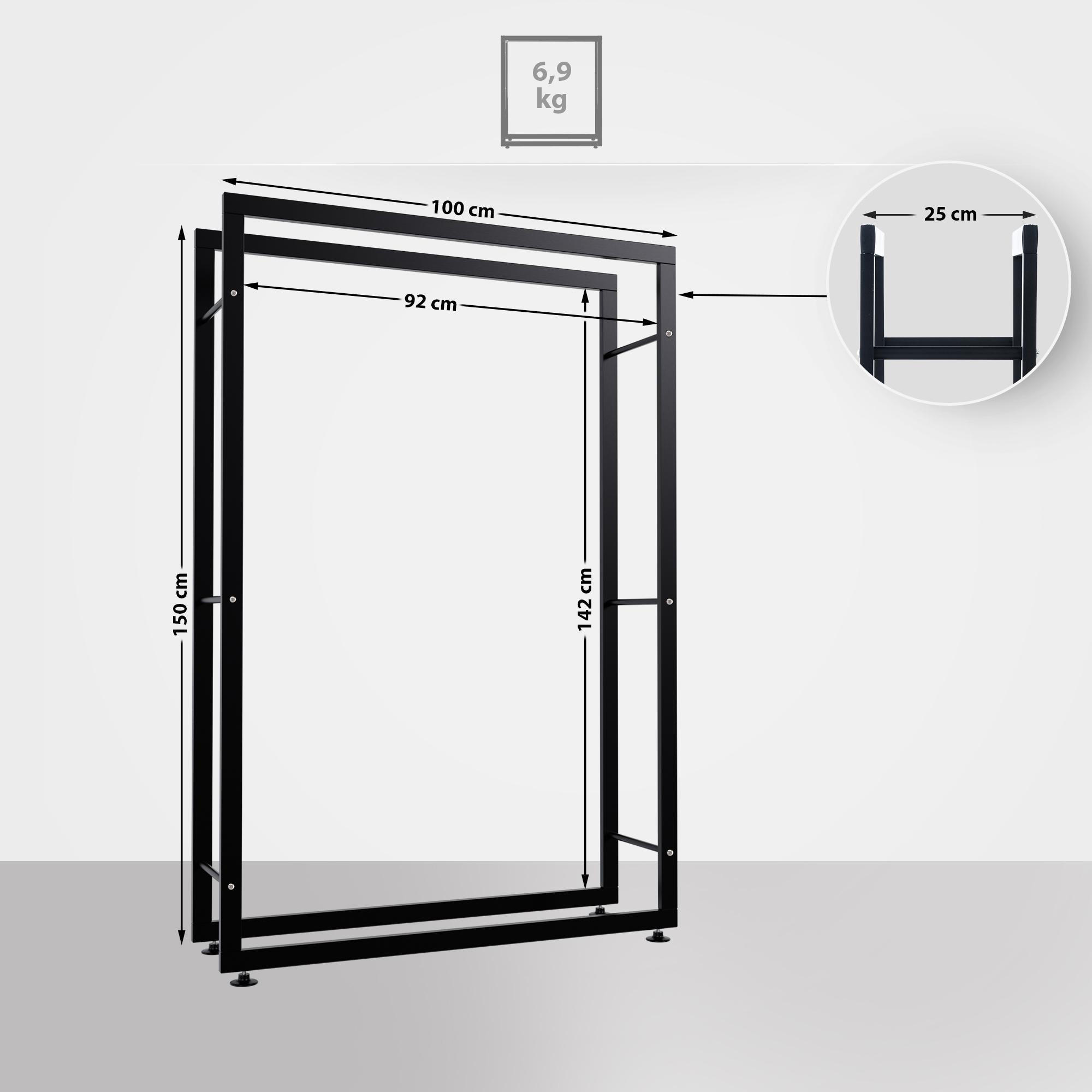 KAMINHOLZREGAL 100/25/150 cm Metall Schwarz - Schwarz, Metall (100/150/25cm) - CLP