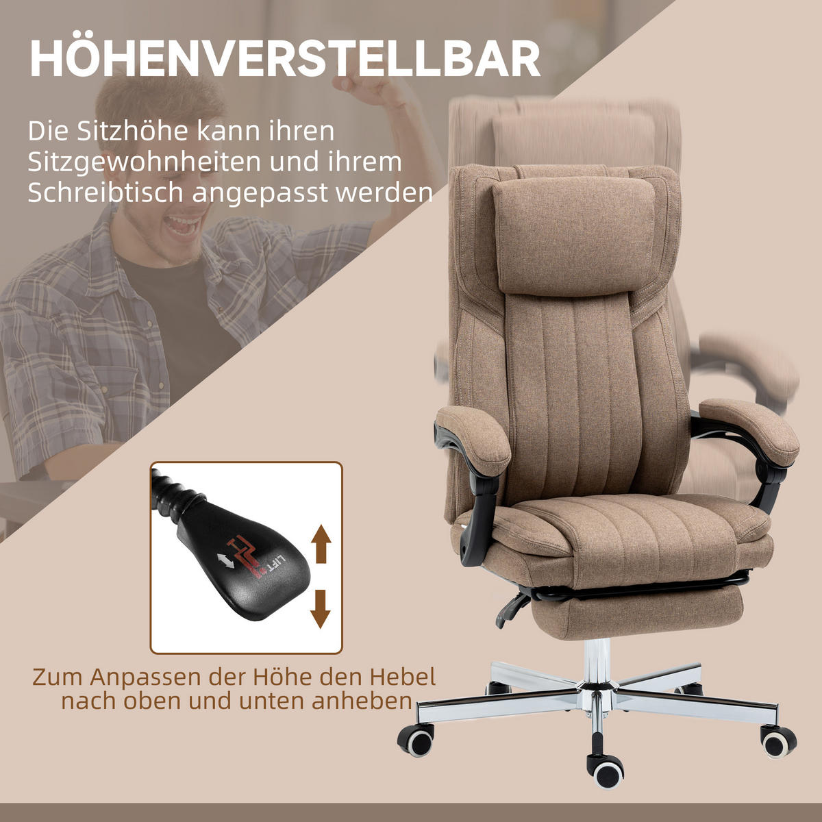 BÜROSTUHL mit verstellbarer 65L x 61B x 108-118H cm Braun - Braun, Kunststoff (61/113/65cm) - Vinsetto