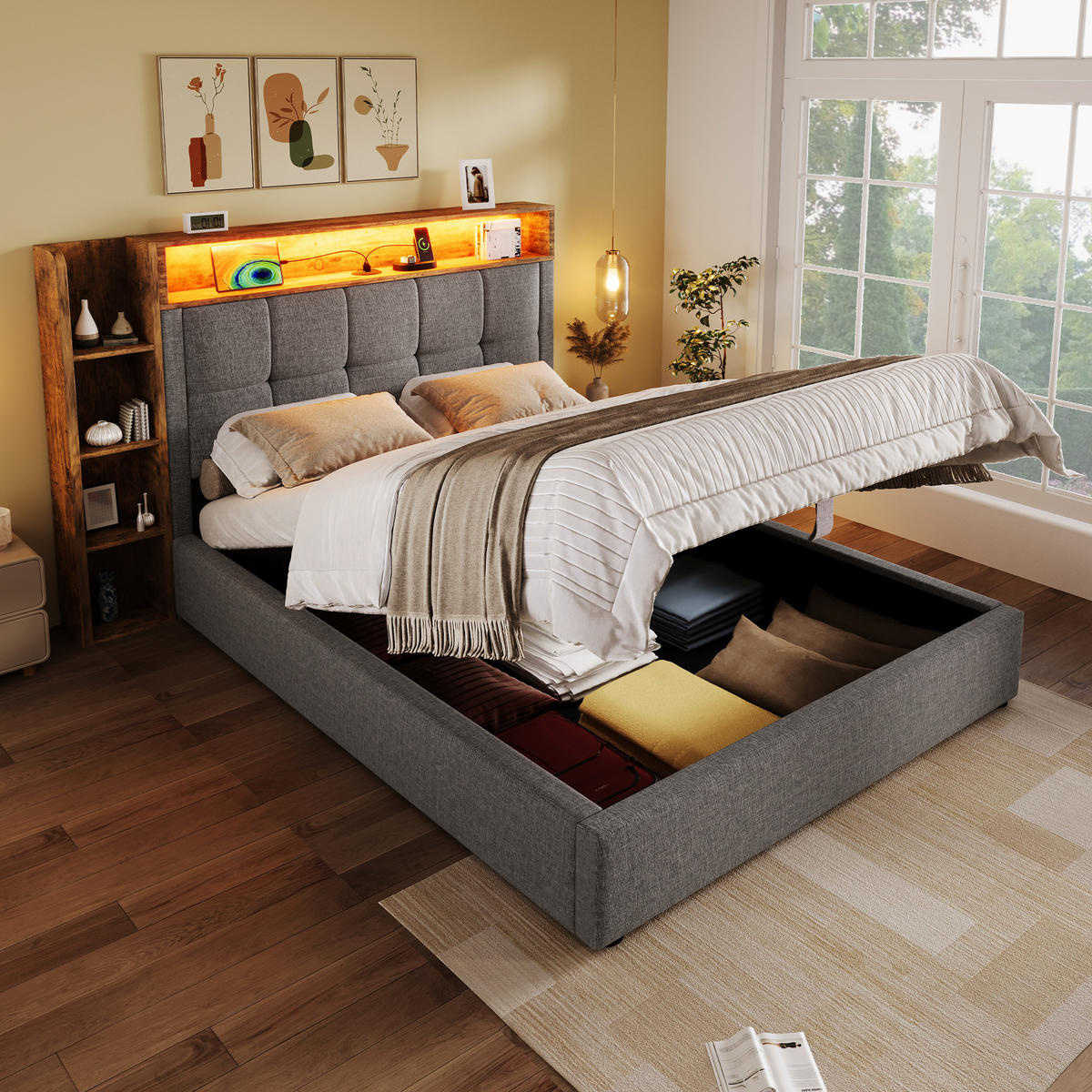 POLSTERBETT 90/200 cm Grau mit LED-Beleuchtung und USB- und Type-C-Anschlüssen - Grau, Textil (90/200cm) - OKWISH