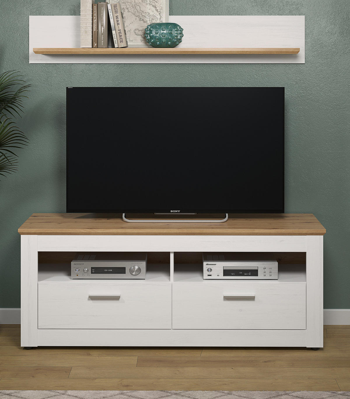 TV-LOWBOARD Pinie weiß, Eiche Artisan Landhaus 148 x 59 cm, Fernsehtisch in Komforthöhe - Silberfarben/Schwarz, Holzwerkstoff/Kunststoff (148/59/45cm) - Top.Furn