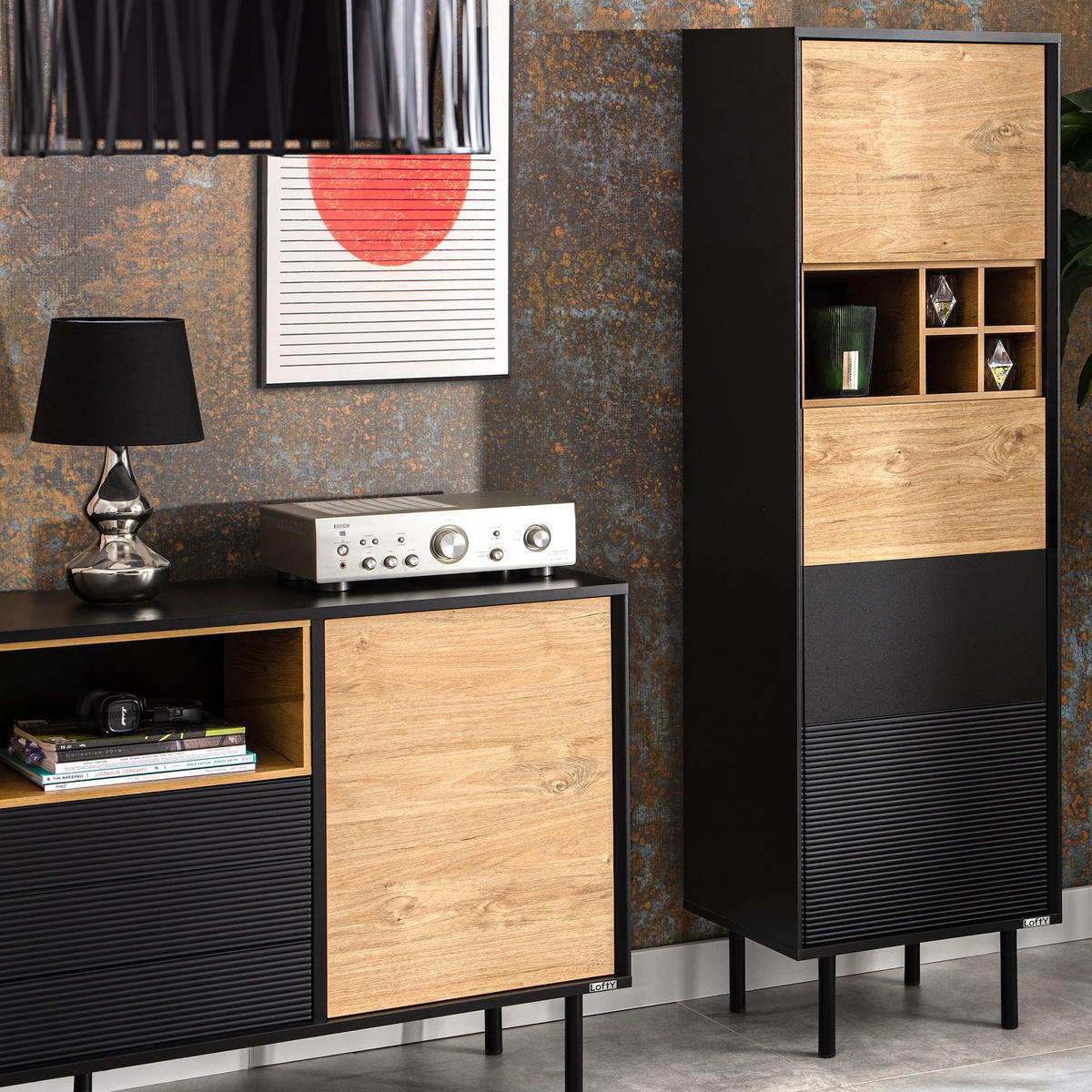 REGAL LOFTY Kreuzeinlage, schwarz / Eiche natur - Eichefarben/Multicolor, Holzwerkstoff (52/174/41cm) - KONSIMO®