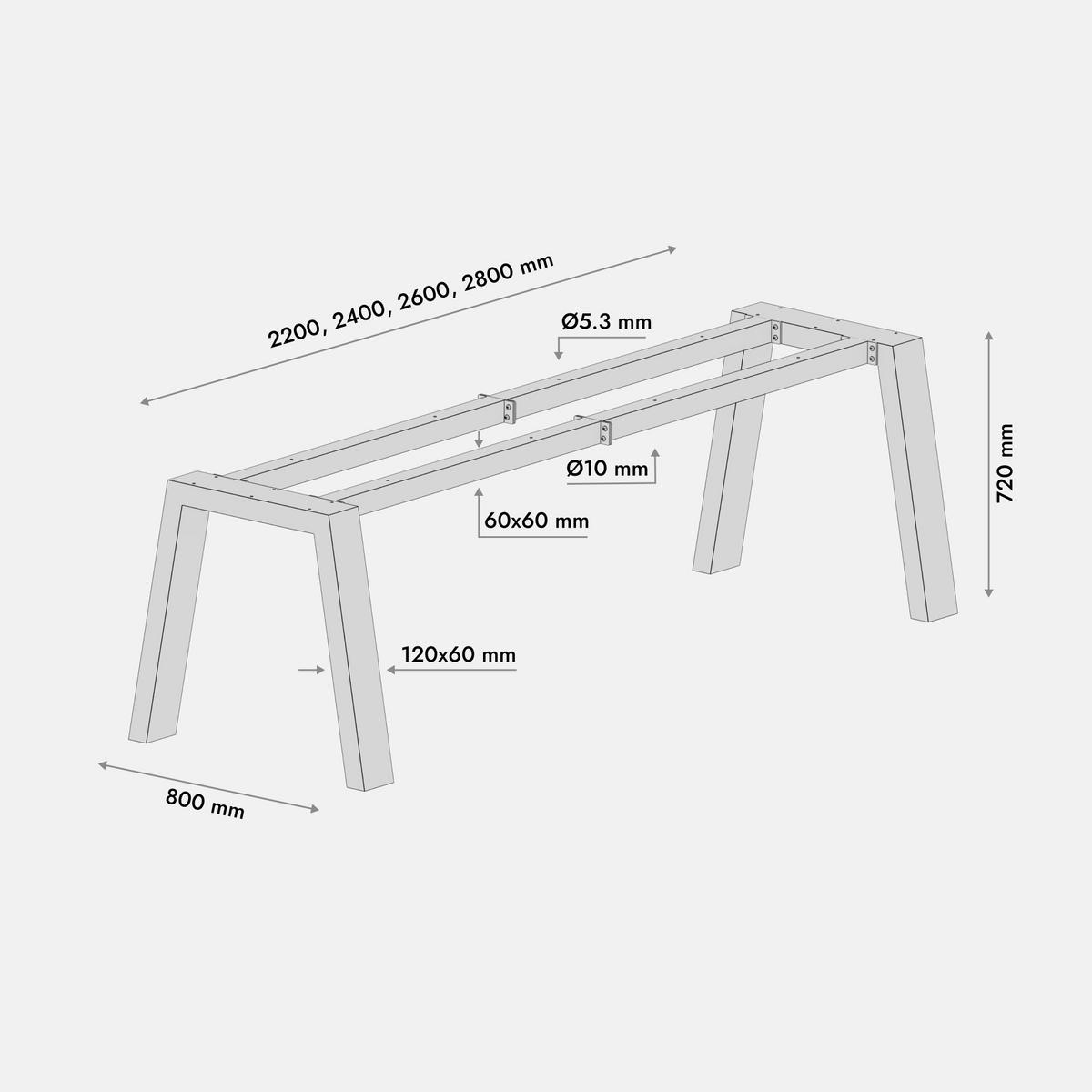 TISCHBEINE Thusia Extreme Schwarz Metall 260/80/72 cm - Schwarz, Metall (80/72/260cm) - Metalo Pro