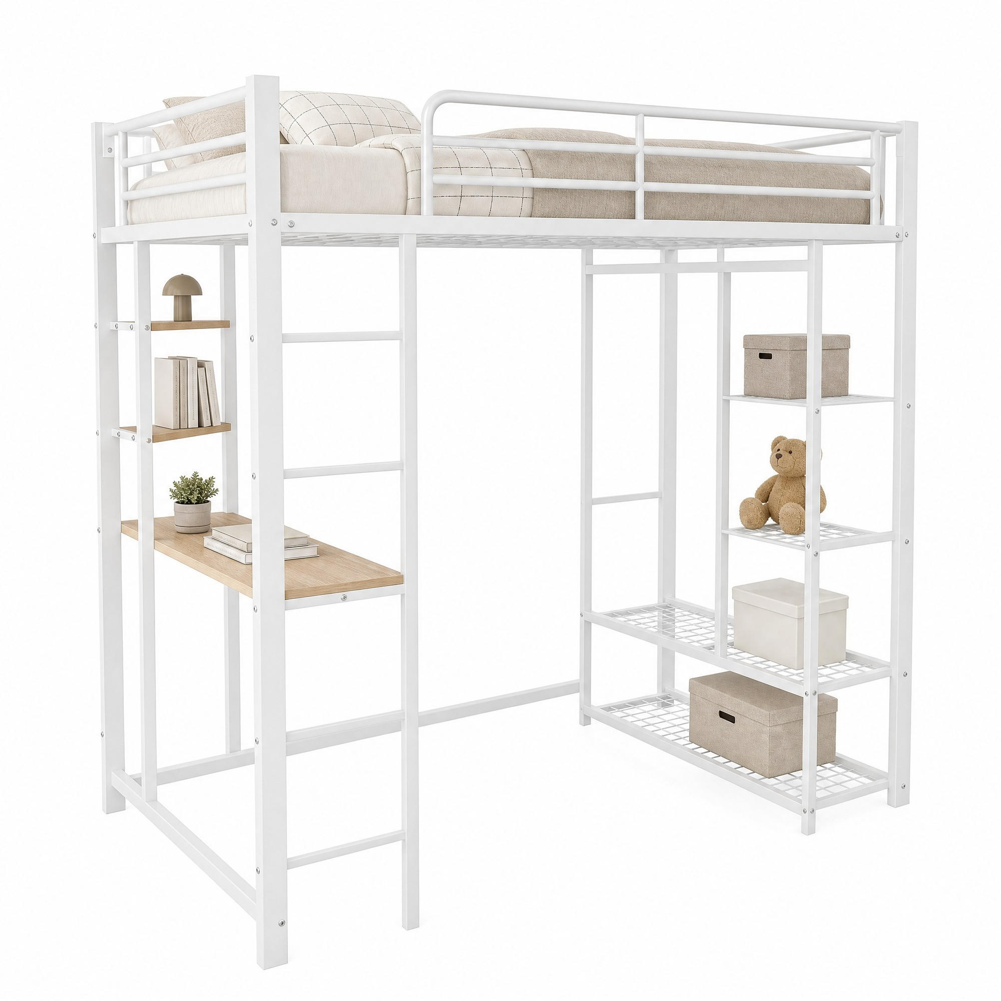 HOCHBETT 90/200 mit Schreibtisch, Regalen und Kleiderschrank in Weiß - Weiß, Holz/Metall (90/200cm) - EVRYAE