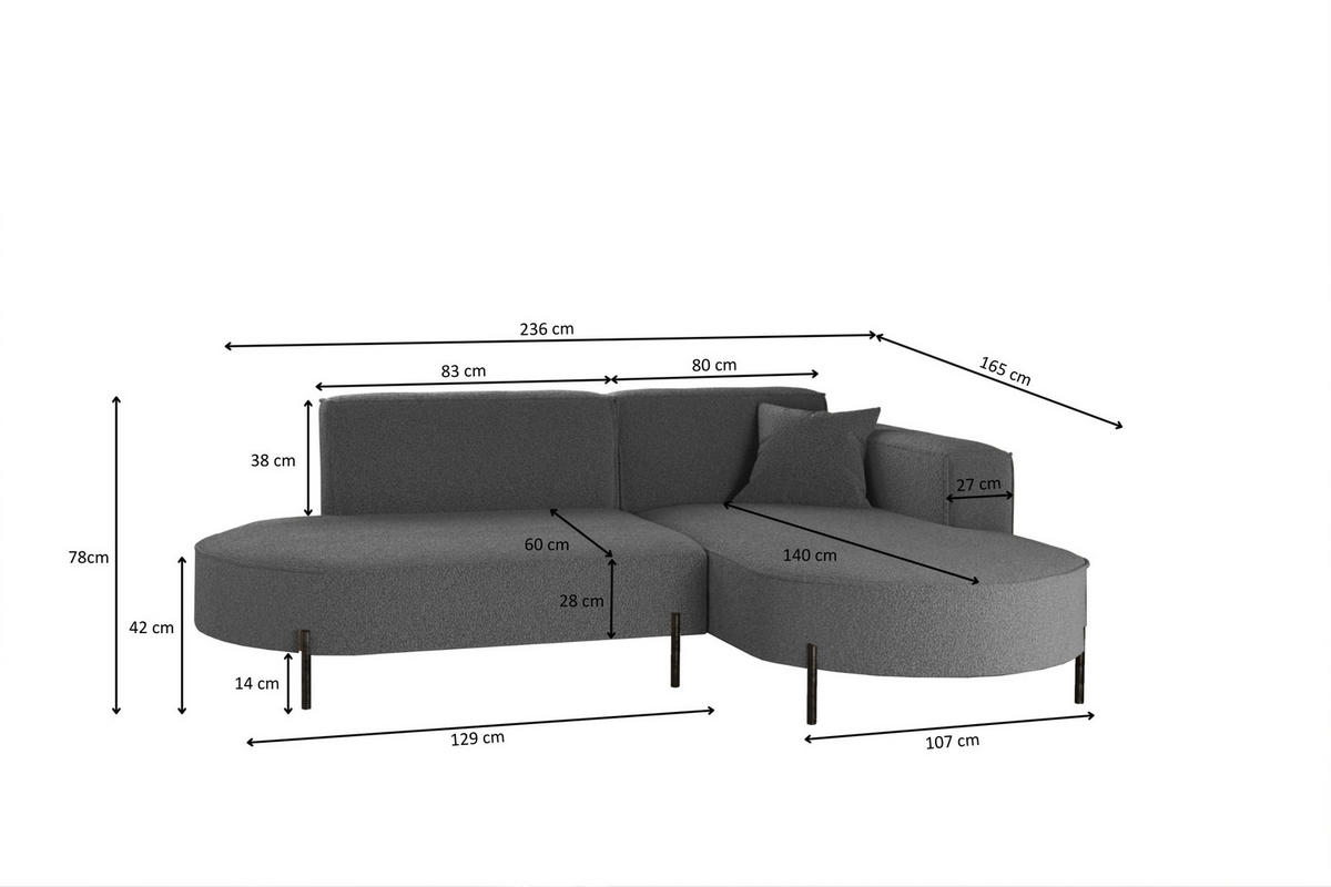 ECKSOFA L-Form Designer Modena Rein Stoff Quelle Graphit Rechts - Graphitfarben, Holz/Textil (236/165cm) - Kaiser Möbel