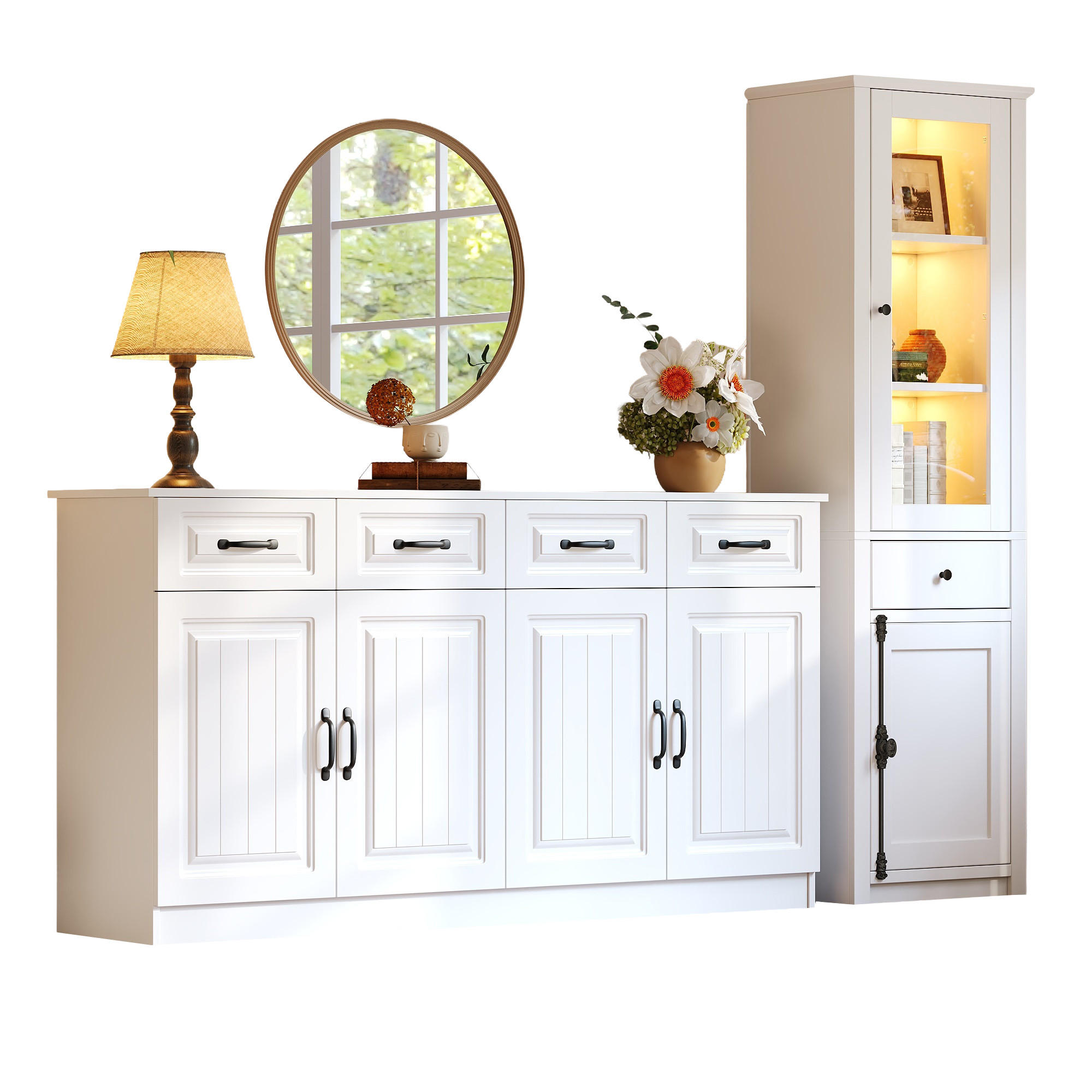 SIDEBOARD Vitrinenschrank multifunktional mit Stauraum & offenen Fächern mit Türen MDF robust - Transparent/Weiß, Glas/Holzwerkstoff (160/80/35cm) - EVRYAE
