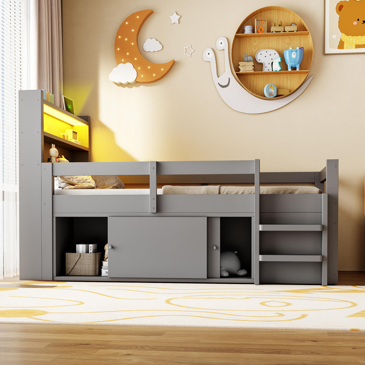 HOCHBETT 90/200 cm in Grau aus Holz mit LED, USB, Stauraum und Schutzgittern - Grau, Holz/Holzwerkstoff (90/200cm) - WISHDOR