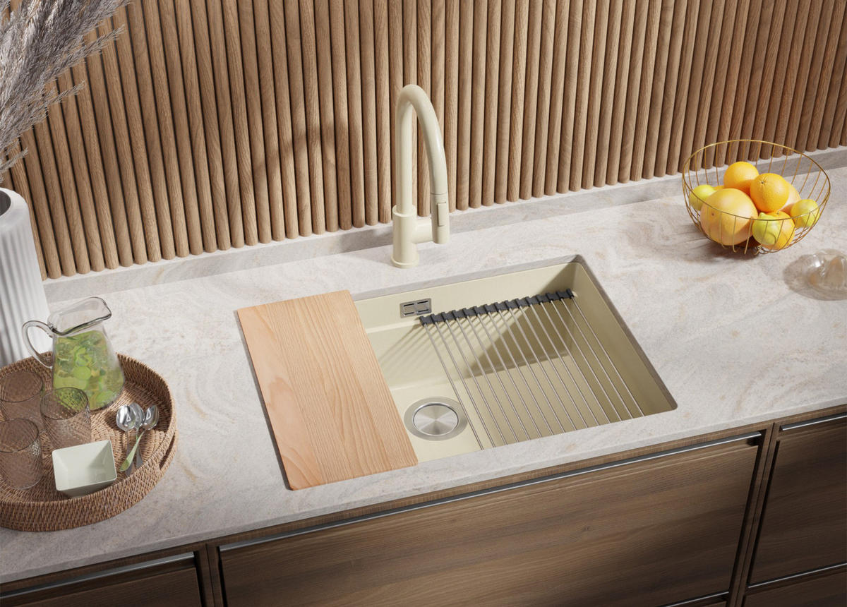 UNTERBAUSPÜLE GRANIT Praga, 2-er set Beige 66/47 cm 1 Becken + Küchenarmatur 38/14 cm + Ablauf-Set + Aufrollbare Abtropffläche ab 70er Unterschrank - Chromfarben/Beige, Kunststoff (66/20/47cm) - Primagran