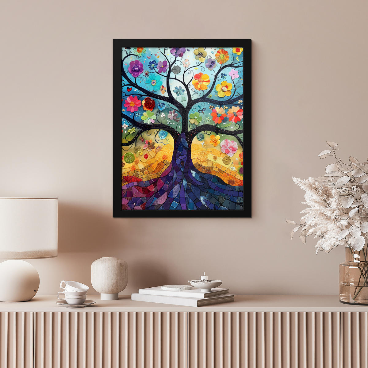 GERAHMTES BILD Kunst - Baum des Lebens - Blumen - Hippie 30x40 cm - Dunkelblau, Papier (30/40cm) - MuchoWow