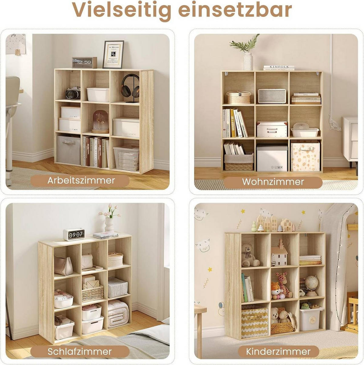 REGAL Bücherregal mit 9 Fächern, Standregal, Helle Eiche - Eichefarben, Holzwerkstoff (94/93/29.5cm) - Woltu