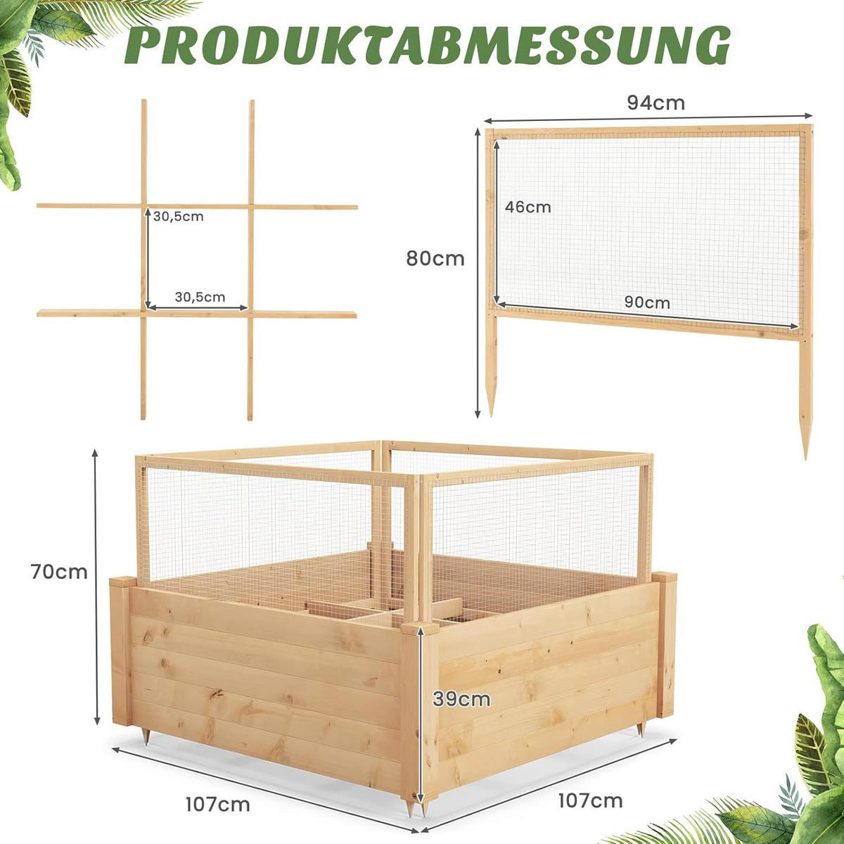 HOCHBEET mit Zaun Holz - Apfelbaumfarben, Holz (107/70/107cm) - COSTWAY