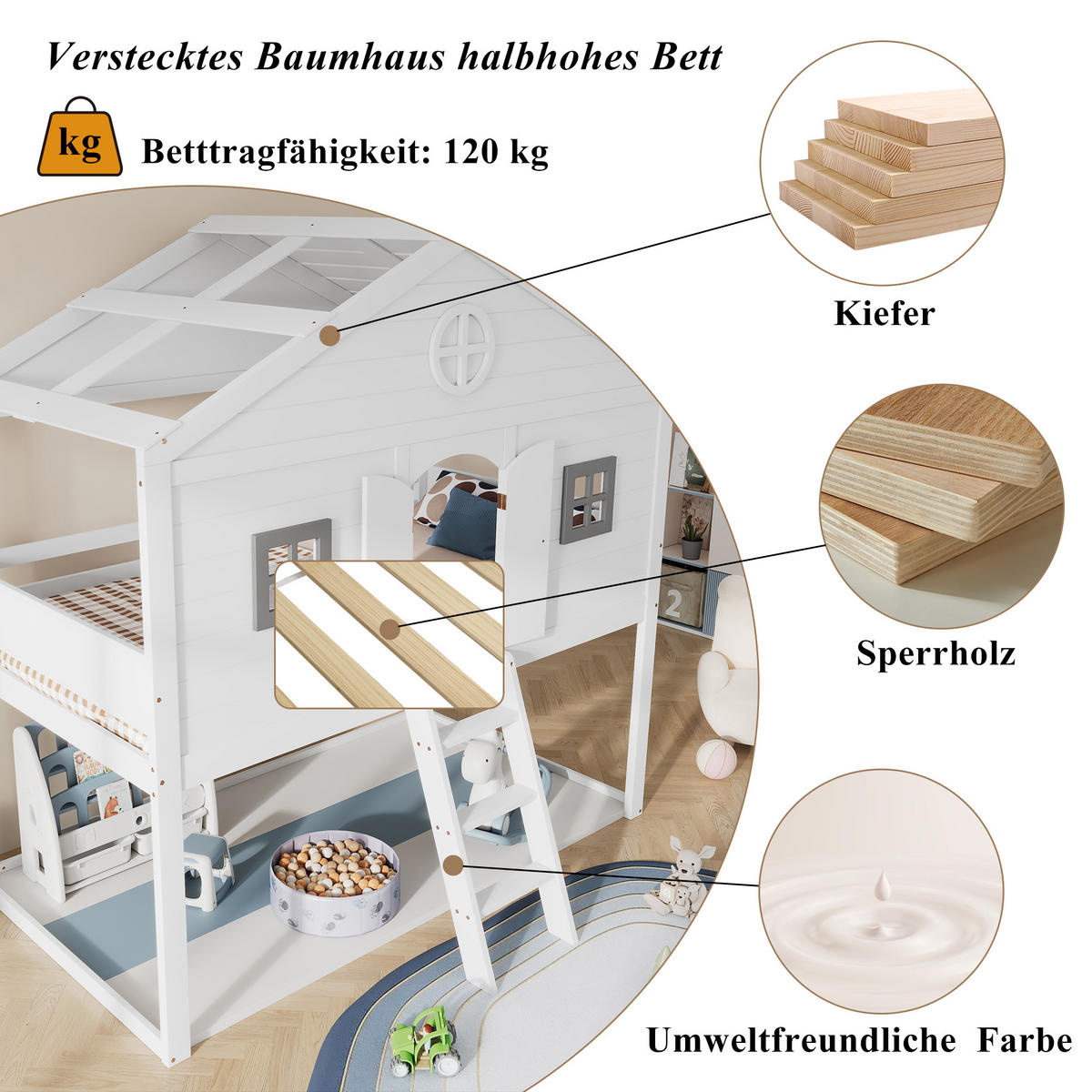 HAUSBETT 90x200 cm Treppe Fenster weiß - Weiß, Holz (90/200cm) - LEBENLANG