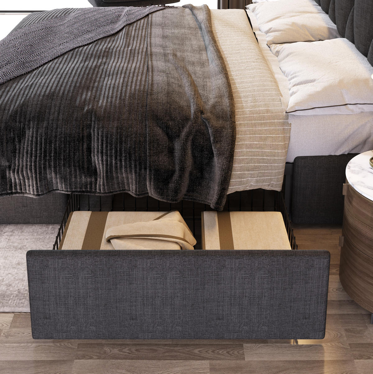 POLSTERBETT 140/200 cm Grau mit USB-Ladefunktion und 4 Schubladen ohne Matratze - Grau, Textil (140/200cm) - OKWISH