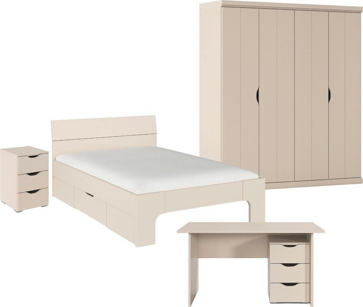 JUGENDZIMMER Frieda in Beige 5-teilig mit 4 türigem Kleiderschrank ohne Schubkästen, 140er Jugendbett, Nachttisch, Schreibtisch mit Container - Beige, Holzwerkstoff (80/200/120cm)