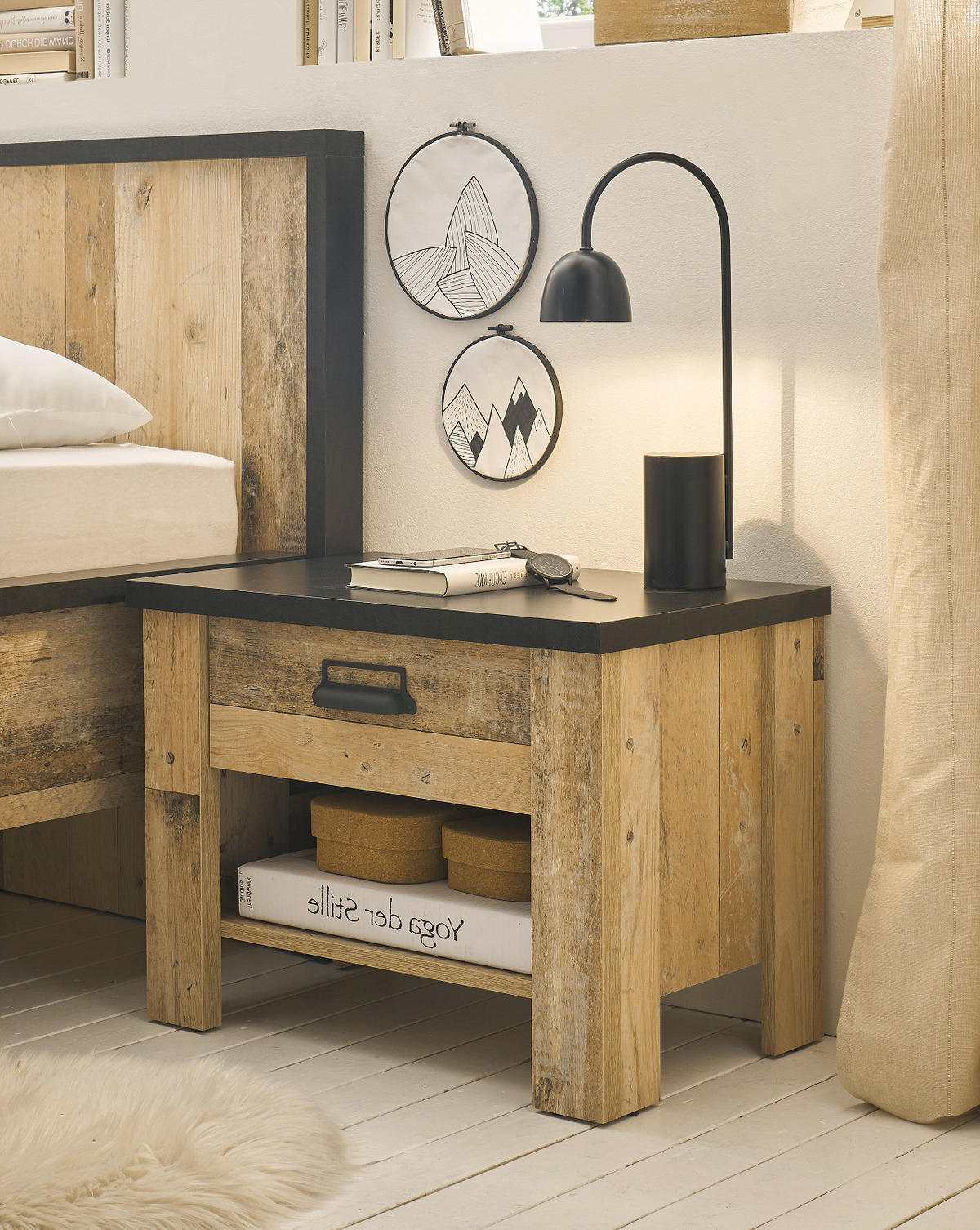 NACHTTISCH Used Wood hell, dunkles Grau 60 x 46 cm, Nachtkommode mit Schubkasten und Soft-Close - Dunkelgrau/Schwarz, Holzwerkstoff/Kunststoff (60/46/39cm) - Furn.Design