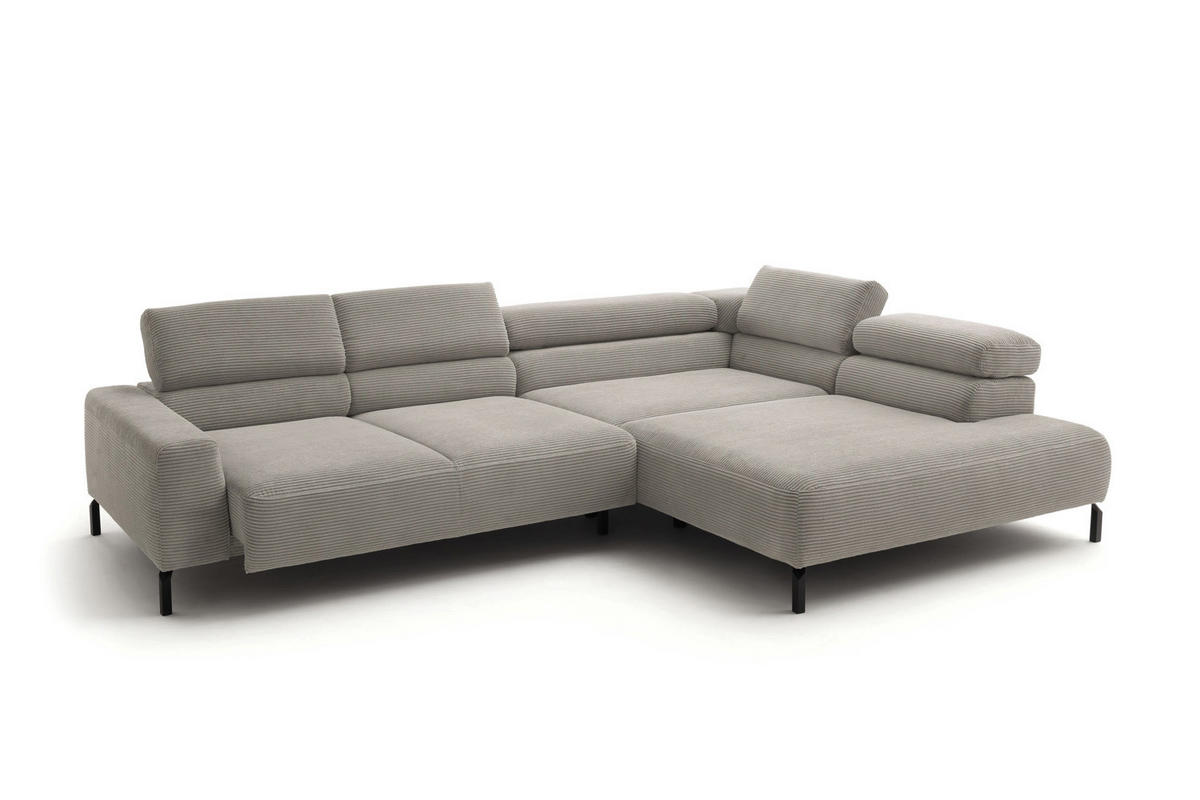 ECKSOFA MIT MOTORISCHEM SITZVORZUG DELIA Steingrau Cord - Greige/Schwarz, Textil/Metall (312/219cm) - KAWOLA