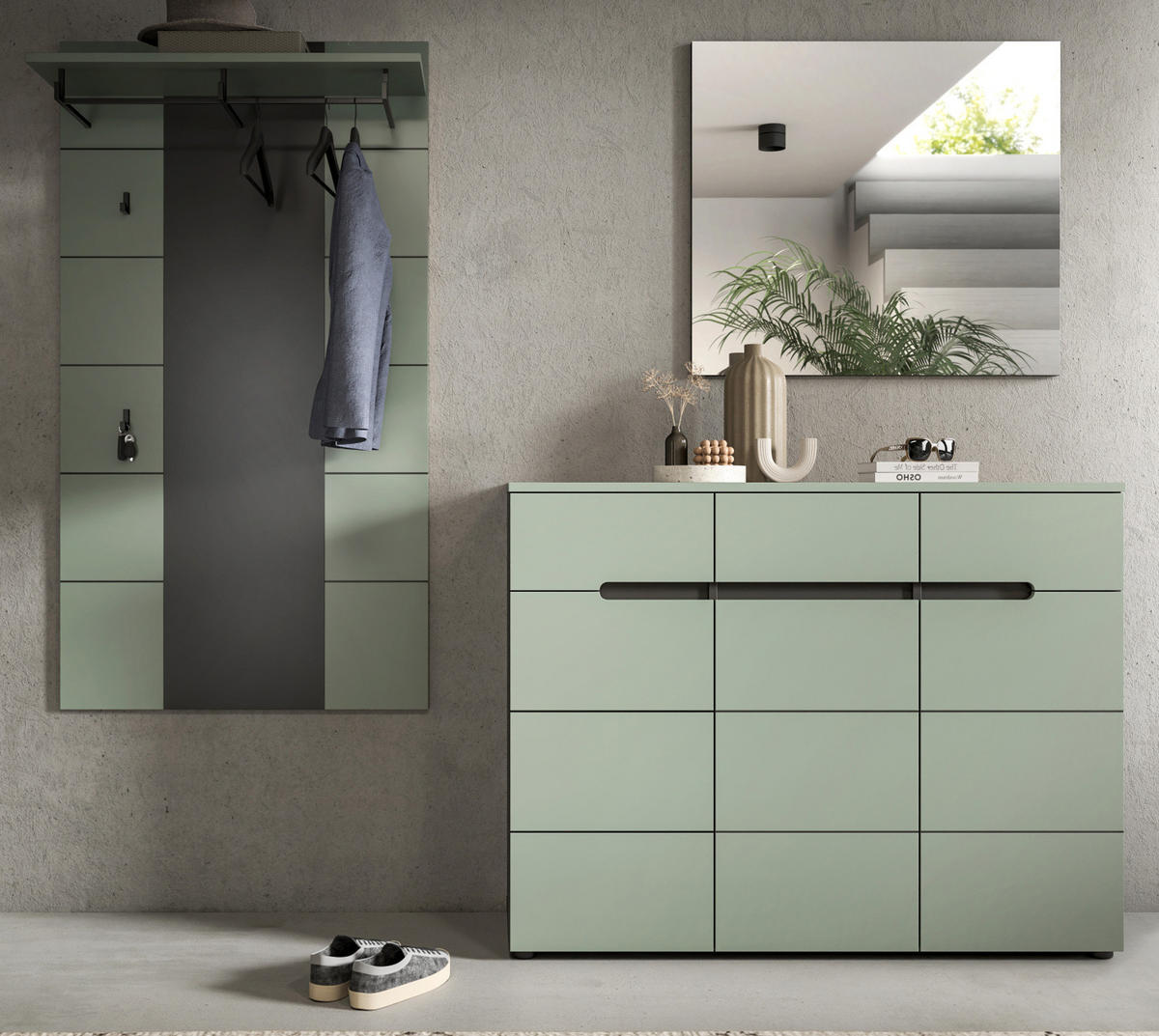 GARDEROBEN-SET 3-teilig Salbei grün, grau 215 cm, Komplettset mit Soft-Close-Funktion - Salbeigrün/Schwarz, Holzwerkstoff/Kunststoff (215/190/37cm) - Inn.Furn