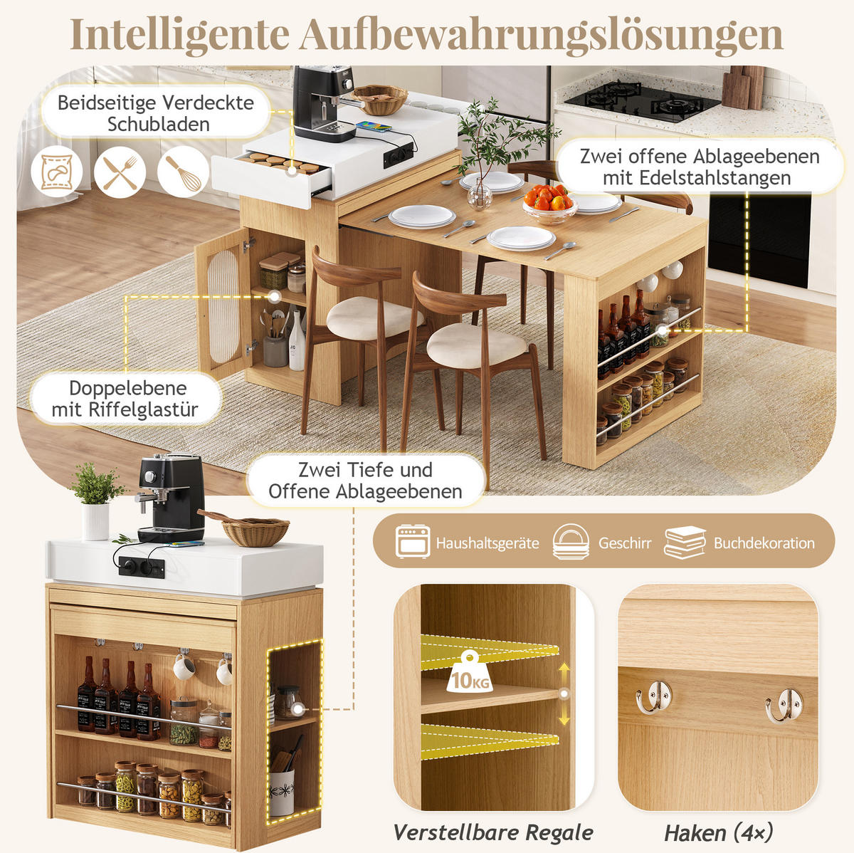 KUCHYŇSKÝ ostrůvek 83/46-146,5/96 cm přírodní z MDF a skla s výsuvnou deskou a zásuvkami - přírodní, kompozitní dřevo (83/96/46cm) - OKWISH