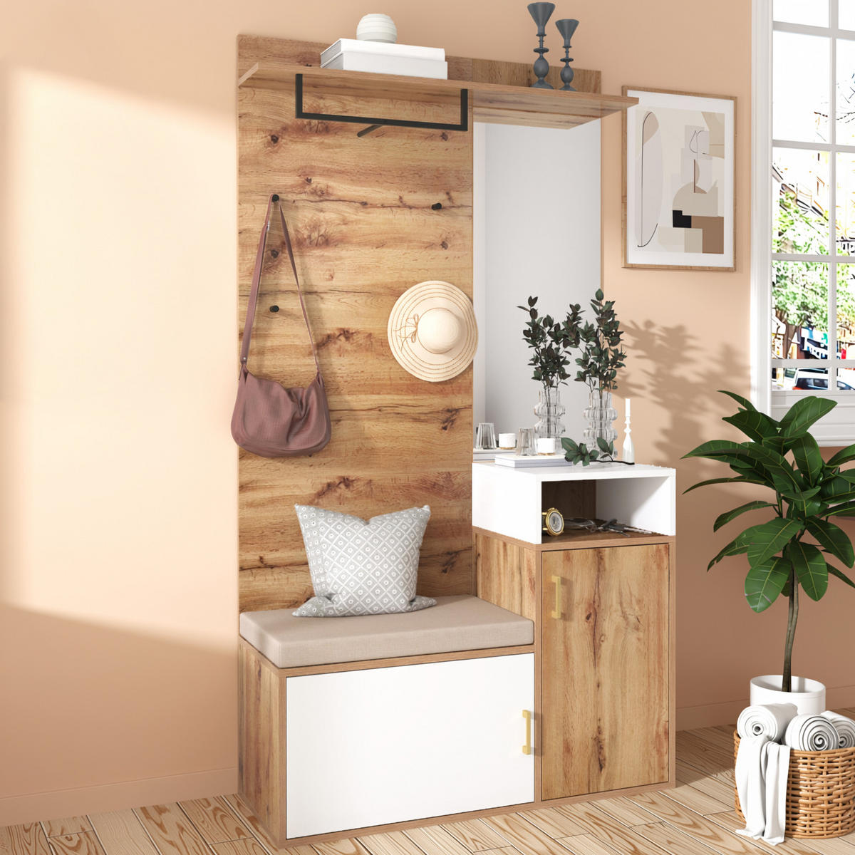 GARDEROBEN-SET 105 cm in Weiß & Eiche-Optik – 3-teilige Flurkombination mit Spiegel, Schuhschrank & Wandpaneel - Naturfarben, Holzwerkstoff (105/190.5/40cm) - Urban Meuble