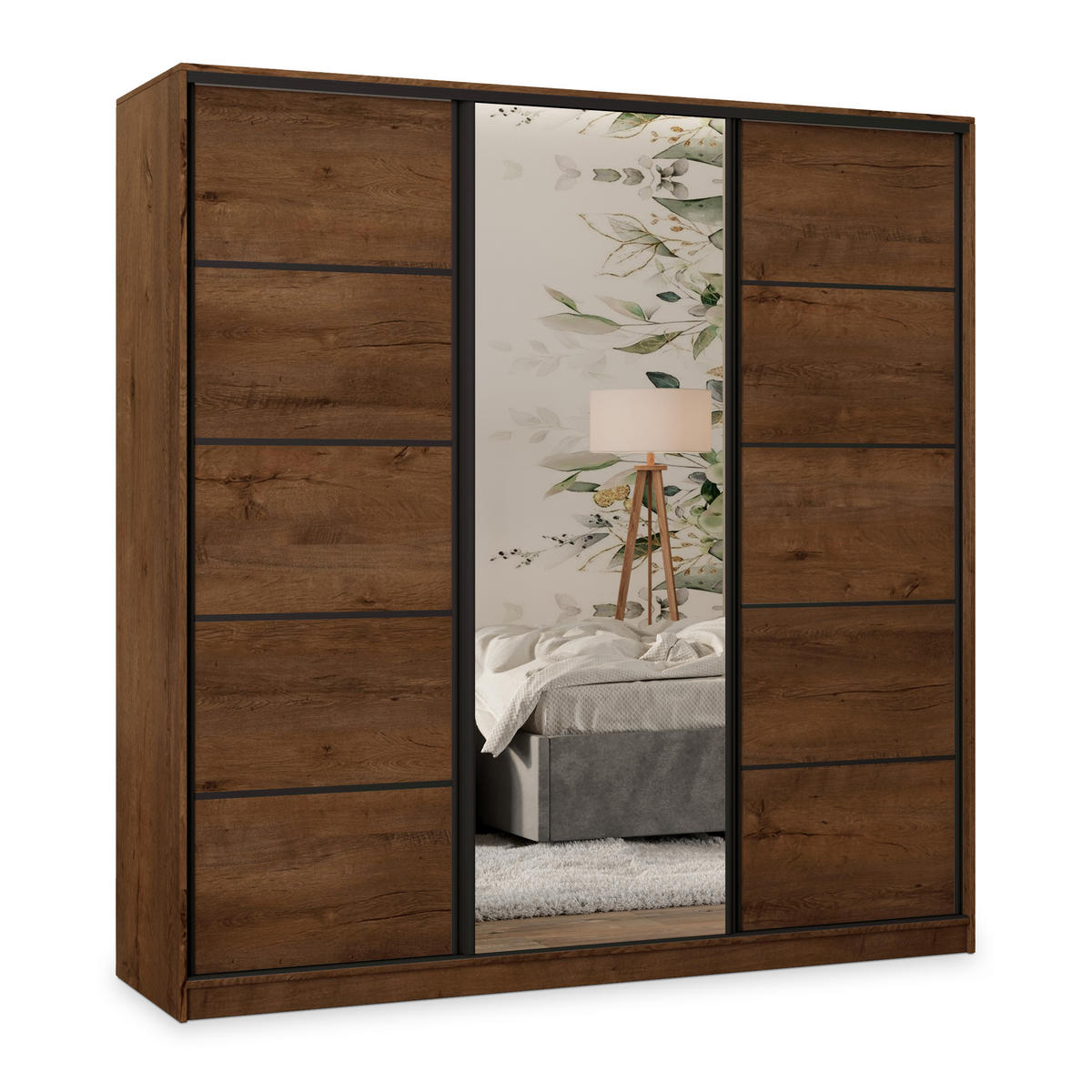 SCHWEBETÜRENSCHRANK PINA 200/205/58 cm 3-türig mit Spiegel und 4 Schubladen Eichefarben - Eichefarben, Holzwerkstoff (200/205/58cm) - MASSENO
