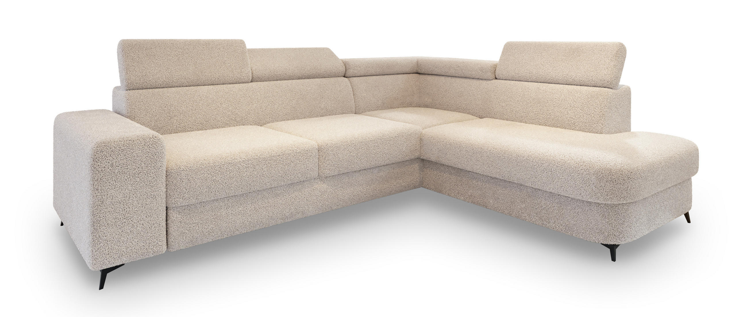 ECKSOFA ALVORO R-S Creme Boucle-Stoff mit Schlaffunktion - Creme, Holz (253/190cm) - MASSENO
