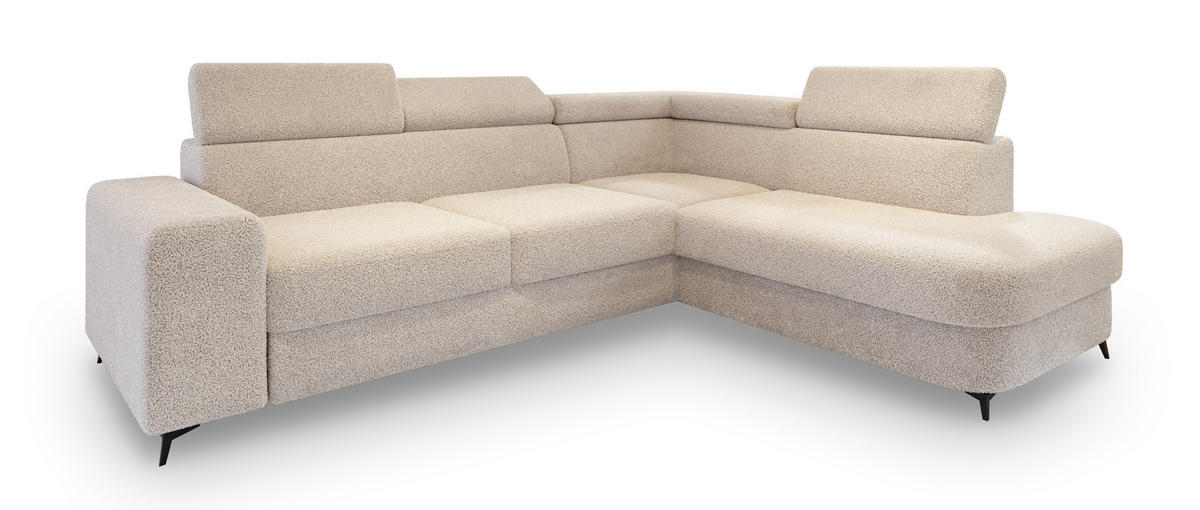 ECKSOFA ALVORO R-S Creme Boucle-Stoff mit Schlaffunktion - Creme, Holz (253/190cm) - MASSENO
