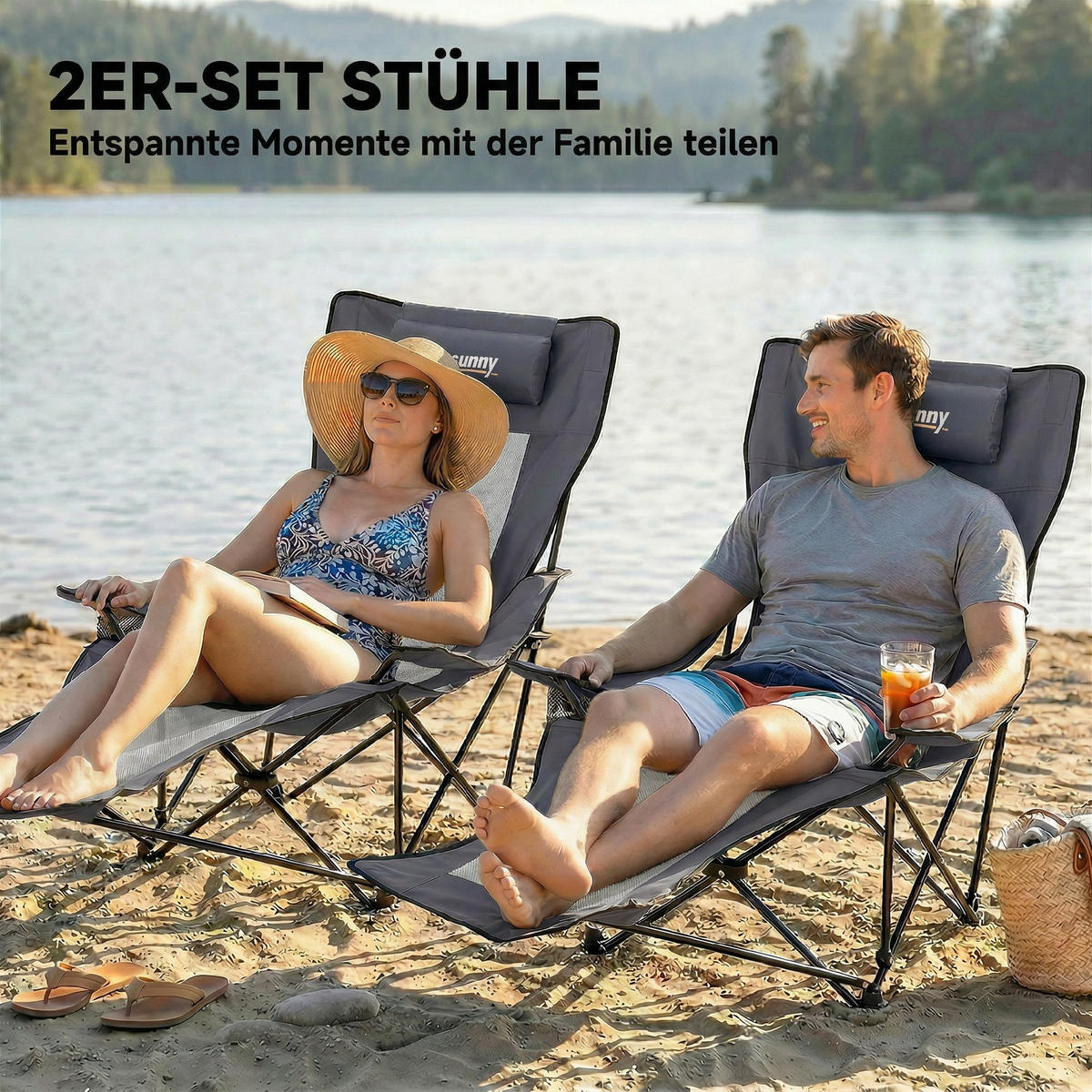 CAMPINGSTUHL mit Fußablage 2er Set Edelstahl, 600D Oxford-Gewebe Dunkelgrau - Dunkelgrau/Schwarz, Metall (80/100/125cm) - Outsunny