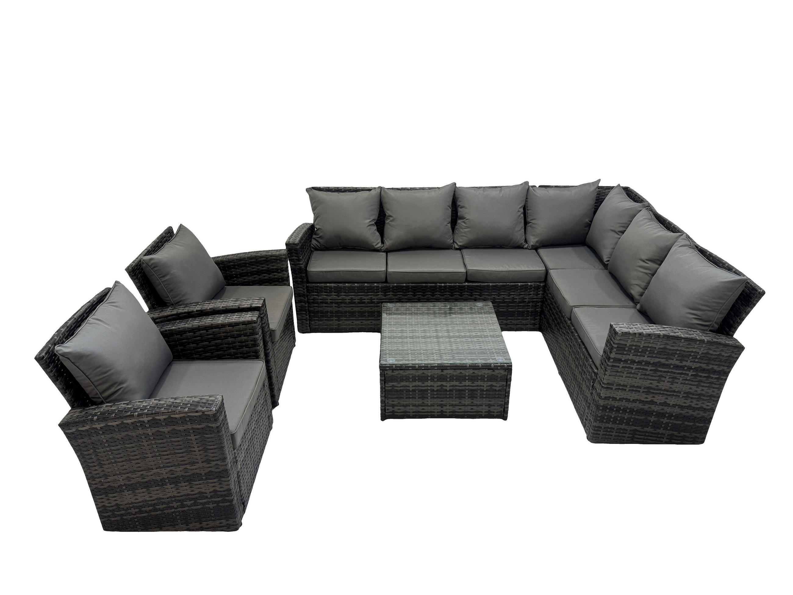 LOUNGEGARNITUR mit Couchtisch Sofa Polyrattan Dunkelgrau 8-Sitzer - Dunkelgrau/Grau, Glas/Kunststoff - Fimous
