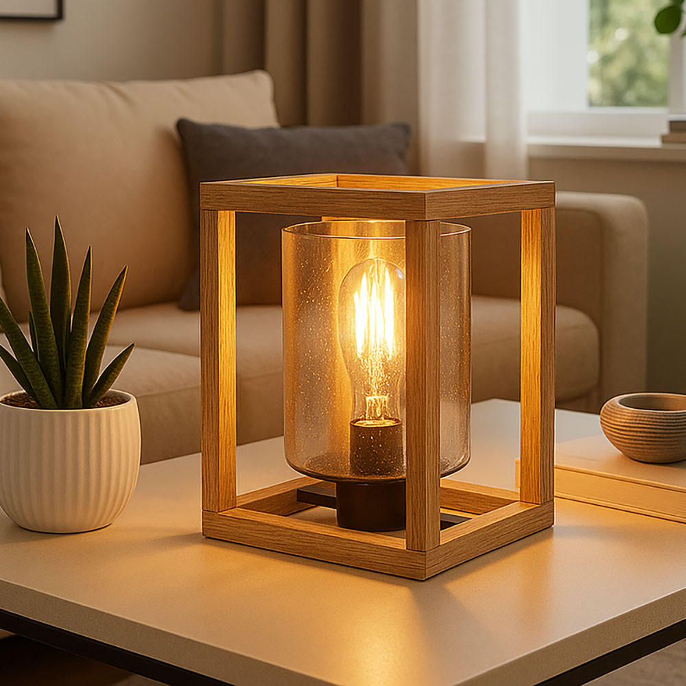 TISCHLEUCHTE Rauchglas Braun Holz - Braun, Glas (17/17/22cm) - Globo Lighting