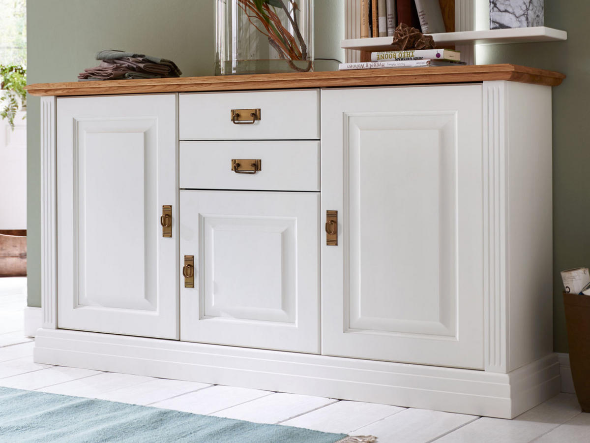 SIDEBOARD Novara 3-türig 2 Schubladen - Weiß/Braun, Holz (157/91/45cm) - Casamia Massive Möbel