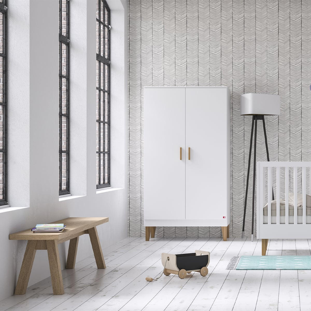 KLEIDERSCHRANK mit zwei Türen, zwei Regalen und einer Kleiderstange L100 x H186.5 cm - Lounge - Weiß, Holzwerkstoff (55/186.5/100cm) - Calicosy