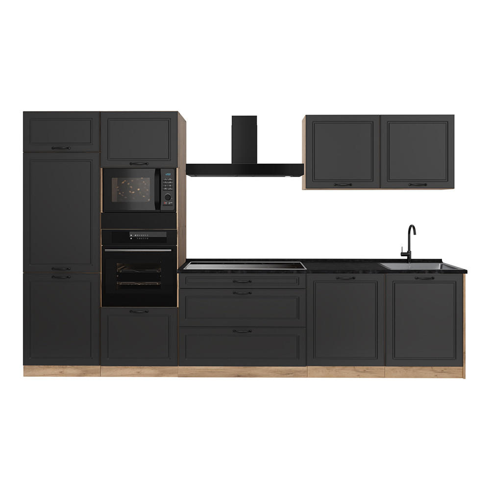 KÜCHENZEILE R-Line, Anthrazit Landhaus/Goldkraft Eiche, 340 cm Arbeitsplatte Anthrazit - Eichefarben/Anthrazit, Holzwerkstoff (340/206.8/60cm) - Vicco