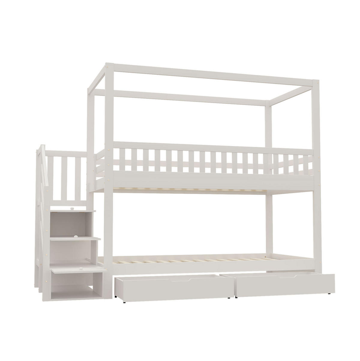 ETAGENBETT 90/200 cm aus Massivholz mit Hausform und Sicherheitsleiter - Weiß, Holz (90/200cm) - OKWISH