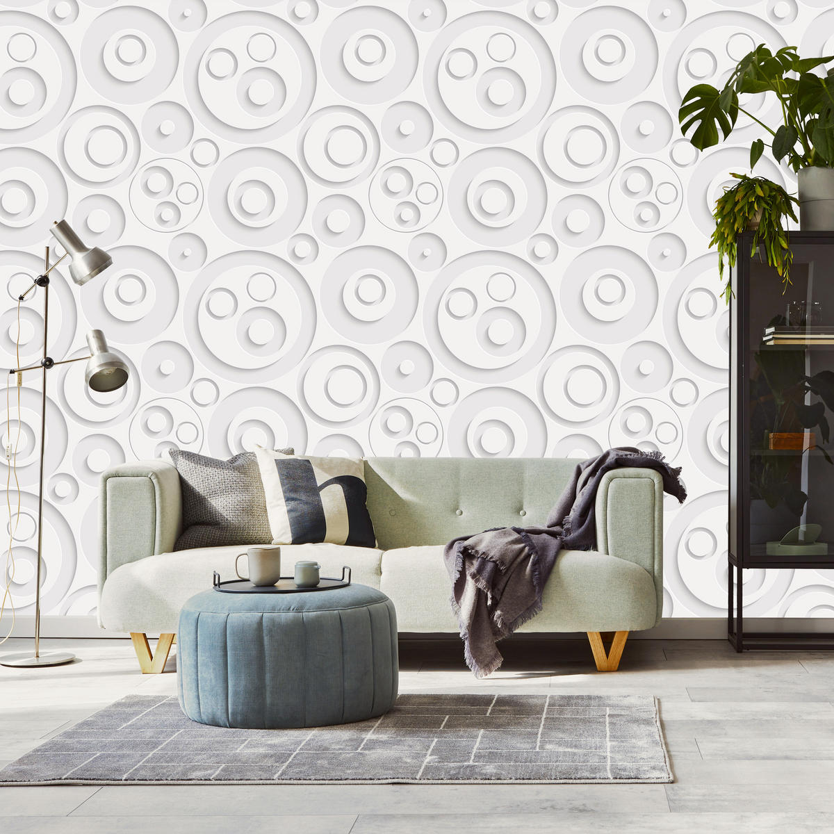 VLIESTAPETE Geometrische Kreise in 3D-Optik – Weiß, Grau – 50x1000 cm - Weiß/Grau, Papier (50/1000cm) - Muralo