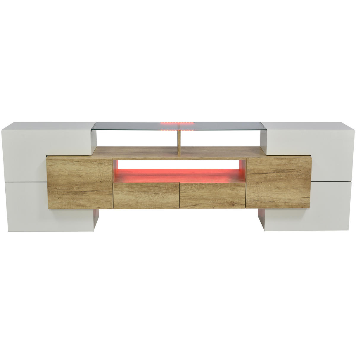 TV-SCHRANK aus MDF 200x35x60 cm Natur/Hochglanzweiß mit LED-Beleuchtung und viel Stauraum - Weiß, Holzwerkstoff (200/60/35cm) - Modfu