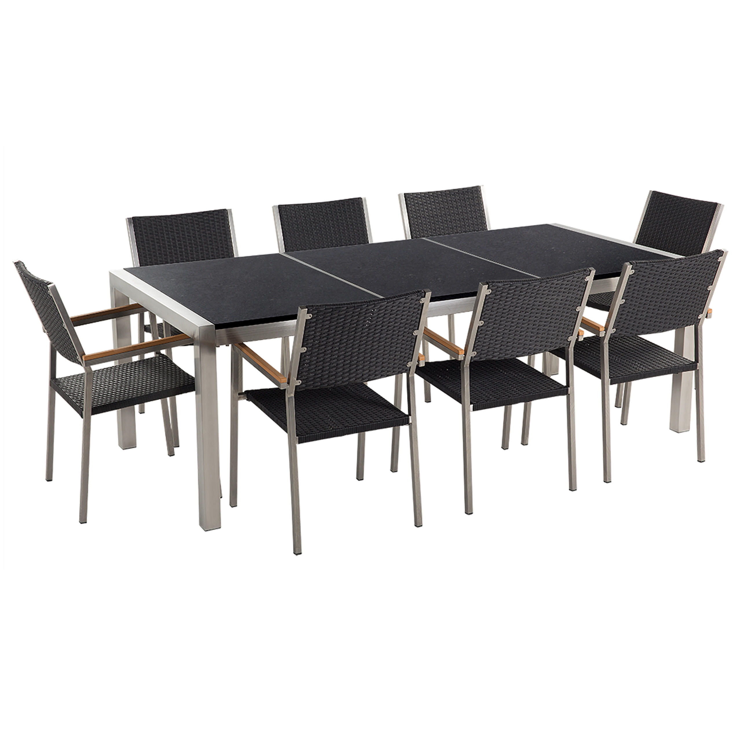GARTENMÖBEL-SET 8-Sitzer Naturstein schwarz poliert Rattan Grosseto - Silberfarben/Schwarz, Metall - Beliani