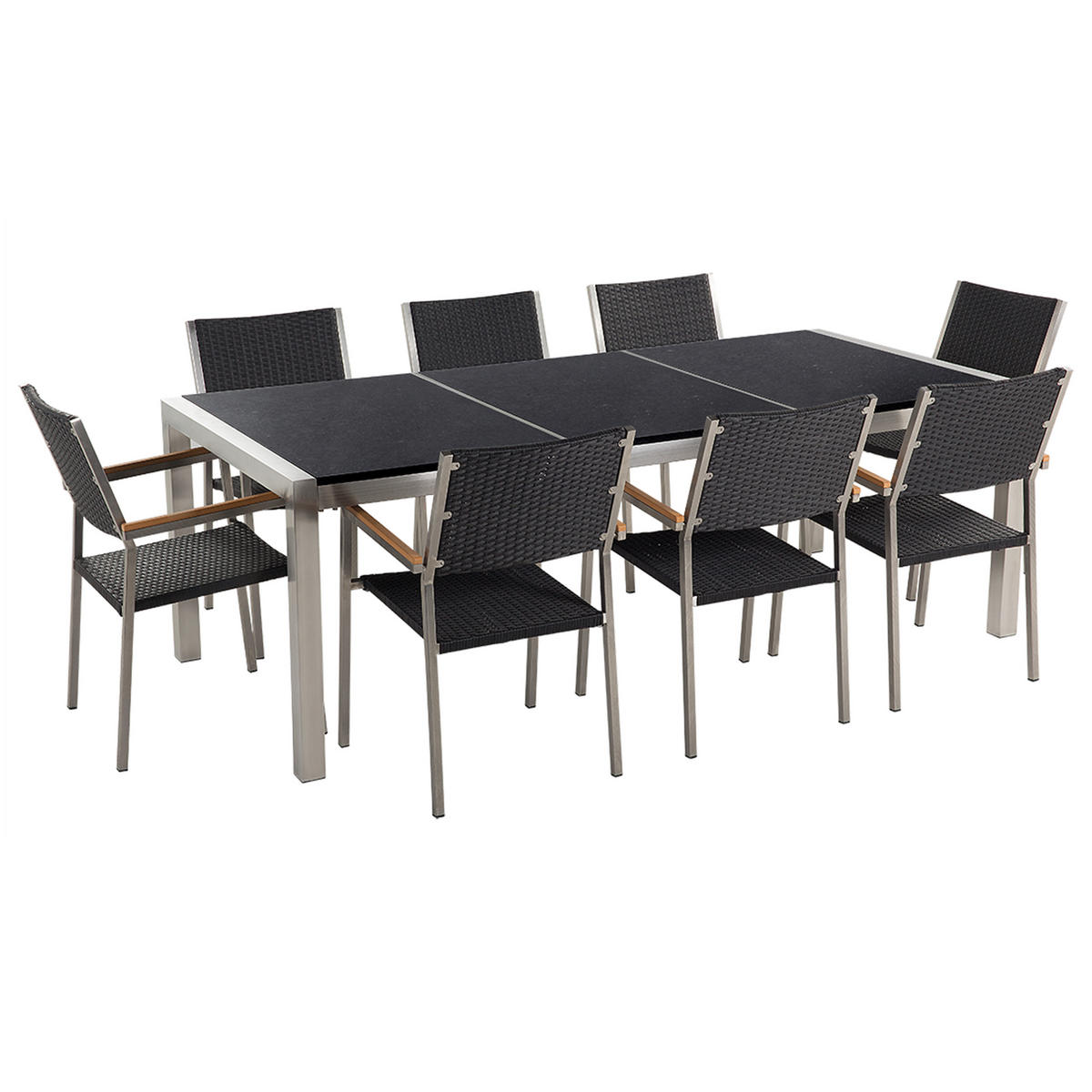 GARTENMÖBEL-SET 8-Sitzer Naturstein schwarz poliert Rattan Grosseto - Silberfarben/Schwarz, Metall - Beliani