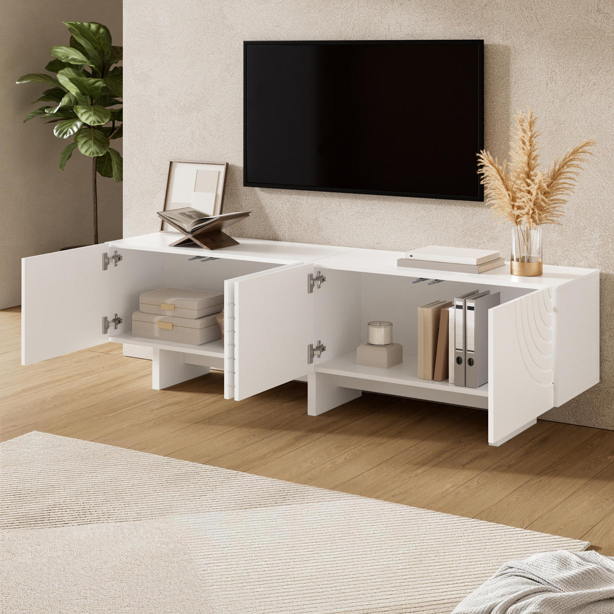 TV-SCHRANK Weiß mit 4 Türen und Stauraum, modernes TV-Lowboard Wohnzimmer - Weiß, Holz (180/50/35cm) - PARAFTA HOME